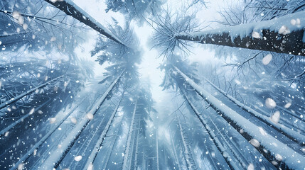 Low angle winter forest landscape with a blurry background of snow-covered trees and snowfall