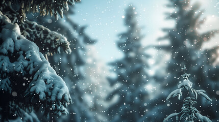 Winter forest landscape with a blurry background of snow-covered trees and snowfall