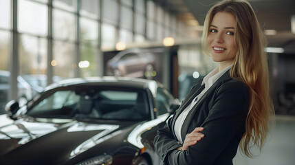 Professional luxury car saleswoman in a luxury showroom