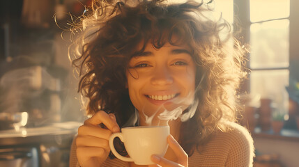 Happy smiling woman with messy curly hair drinking a smoking cup of coffee in the morning light