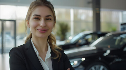 Professional luxury car saleswoman in a luxury showroom