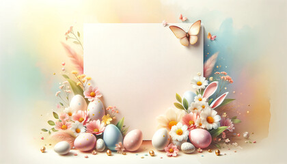 An Easter celebration image full of joy, color, flowers, eggs, bunnies with space for personalization and add . Ai generative