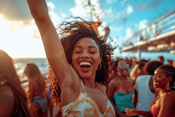 Black woman with a joyful expression, participating in a high-energy dance party on the deck of a cruise ship, as she moves to the rhythm of live music and DJs