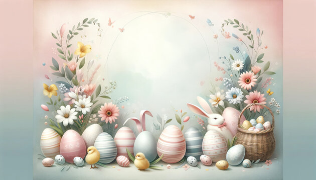 An Easter celebration image in soft pastel colors with clear space for personalization or ad. Ai generative 