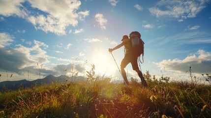 Hiker with backpack and ski poles walking in the meadow with the sun and blue sky at the background. Hiking endurance concept. AI Generated 