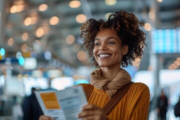 Black woman with a delighted smile, holding a travel itinerary or boarding pass, eagerly checking in for her flight at the airport counter or online - obrazy, fototapety, plakaty