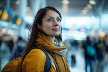 A woman with a determined expression, navigating the airport terminal with ease and efficiency, her organized approach and sense of purpose guiding her through the bustling crowds