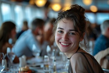 Young woman with a delighted grin, attending a festive birthday dinner at an upscale onboard restaurant, the exquisite cuisine and elegant atmosphere