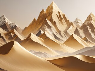 Illustration of a mountain range in gold, abstract art of a landscape with mountains, luxurious wallpaper, wall art decorating, and high-end advertisement