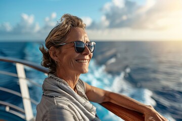 Senior woman with a cheerful expression, enjoying a leisurely stroll on the sun-kissed deck of a cruise ship, the gentle sea breeze and panoramic views of the ocean