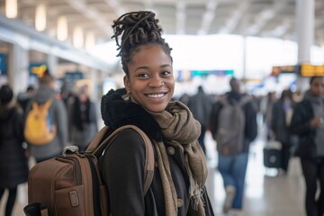 A young black woman with a carefree smile, strolling through a bustling airport terminal with a rolling suitcase in tow - obrazy, fototapety, plakaty