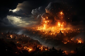 Fantasy kingdom burning under a dramatic sky - obrazy, fototapety, plakaty