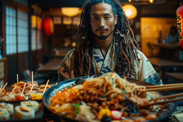 Brazilian Japanese Man, Full-body portrait in kimono, Detailed with Japanese food, Restaurant backdrop