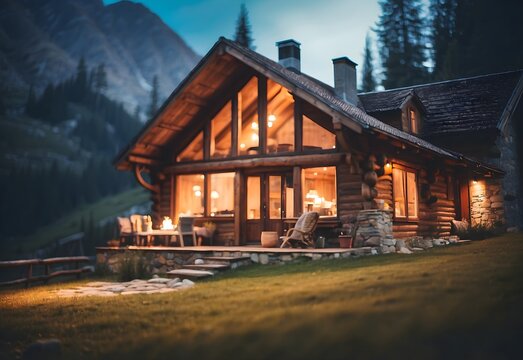 Blurred image of a cozy mountain cabin, generative AI