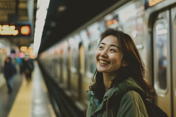 A smiling asian woman standing on the subway platform, eagerly awaiting her train as she sets off for a birthday adventure - obrazy, fototapety, plakaty