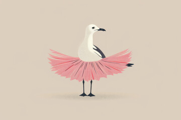 Seagull Ballet Logo, Linear drawing of a faceless seagull in pink tutu, Simple black outline