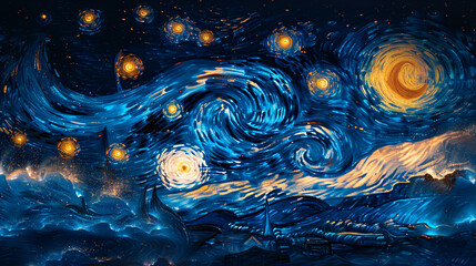 Seamless pattern of sky in style of Van Gogh Starry Night. Starry Night with yellow circles, swirling and dots in blue color