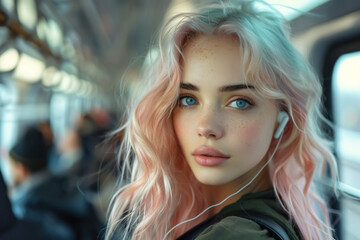 Candid Train Portrait, Woman with pastel hair and Bluetooth earphones in a crowd, Candid photography style - obrazy, fototapety, plakaty