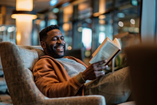 A smiling black man relaxing in a comfortable airport lounge chair, his book in hand as he waits for his fligh