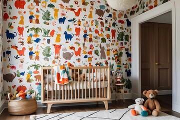 Interior of a baby room with a crib, toys and a window
