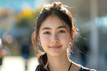 Eurasian Teen Lifestyle, Teen girl outside school, detailed, joyful moment, Social media ready