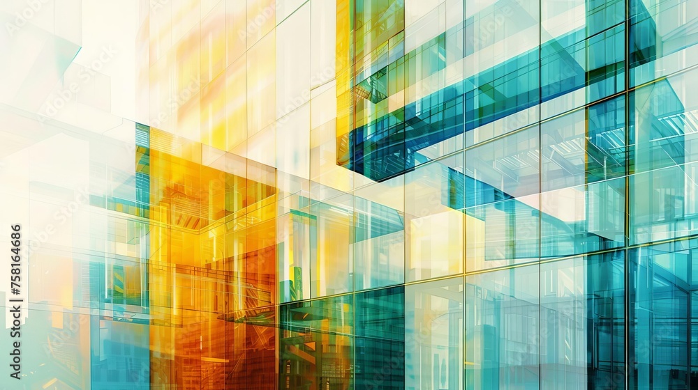 Poster captivating abstract composition of overlapping translucent glass shapes, modern architectural multi