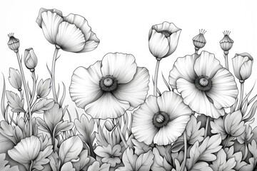 Fototapeta premium Poppy Coloring Page, Black and white floral poppy, Simple and elegant for coloring