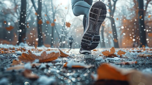 Female Runner Jogging in Winter Park: Active Lifestyle, Generative AI