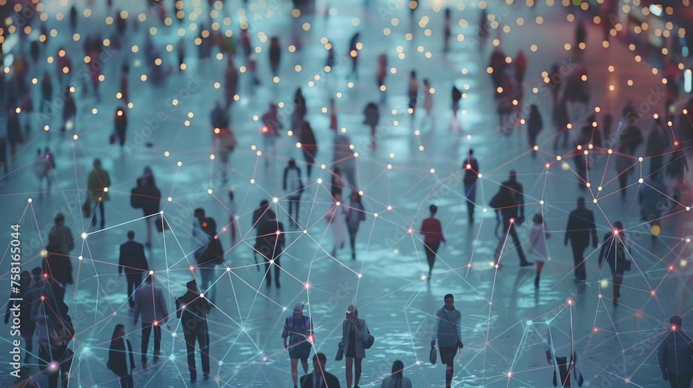 Poster crowded network of connected individuals, big data and smart city wifi concept visualization