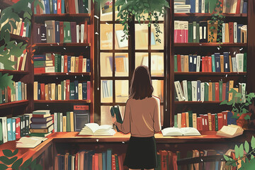 An animated image of a woman standing in a tranquil library, surrounded by bookshelves filled with books