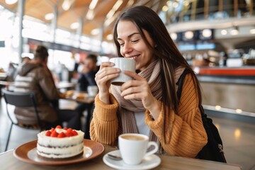 Woman sipping a latte in the airport cafe, her birthday cake waiting to be enjoyed on the table beside her - obrazy, fototapety, plakaty