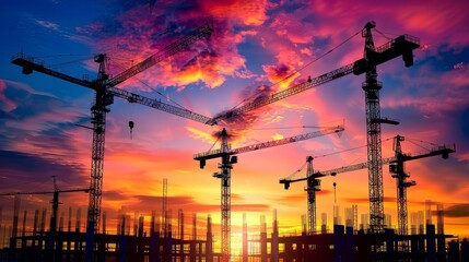 Dramatic sunset sky over construction site with silhouettes of cranes and steel beams, digital painting