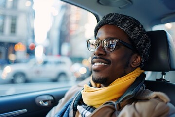 A joyful black traveler sitting comfortably in the backseat of a taxi, enjoying the sights and sounds of the city on the way to the train station - obrazy, fototapety, plakaty