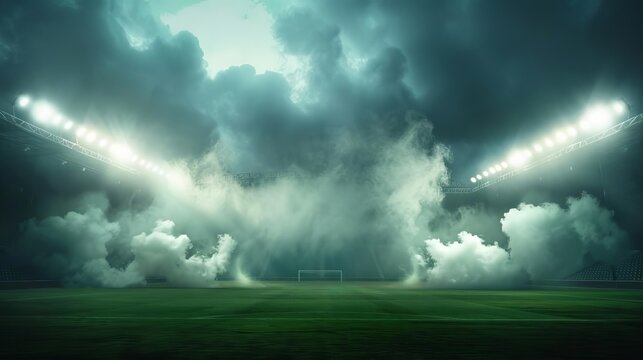 Dramatic soccer stadium with bright lights illuminating the field amidst swirling smoke, digital illustration