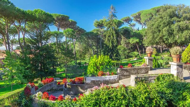 Timelapse Hyperlapse of Villa Doria Pamphili Park, Albano Laziale, Italy. Bask in the Radiance of Green Trees and Warm Light, a Captivating Journey in the Heart of Beauty