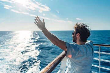 A happy man waving from the deck of a ferry, the salty sea breeze tousling his hair as he sets off on a refreshing coastal journey - obrazy, fototapety, plakaty