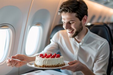 A happy traveler enjoying a birthday meal on the plane, his birthday cake served with a flourish by the flight attendant. The delicious food and festive atmosphere add to the joy of his journey