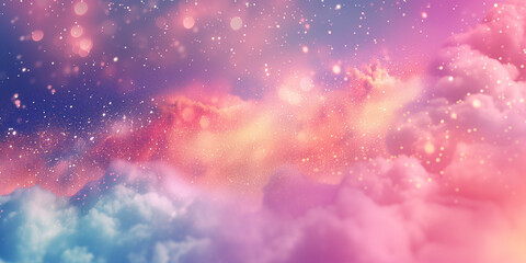 Obraz na płótnie Canvas Rainbow unicorn background in pastel colors with star bokeh. Magic pink holographic background. Illustration of magic patterns, rainbow universe, cosmic unicorns 