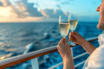 A happy couple raising glasses of champagne on the deck of a cruise ship, celebrating the start of their romantic voyage - Powered by Adobe