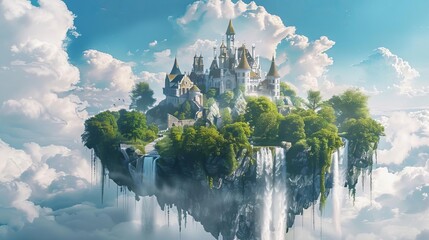 Fantasy fairy tale castle on floating island in sky, surrounded by waterfalls and lush gardens. Enchanted magical kingdom, dreamy surreal landscape, digital matte painting - obrazy, fototapety, plakaty
