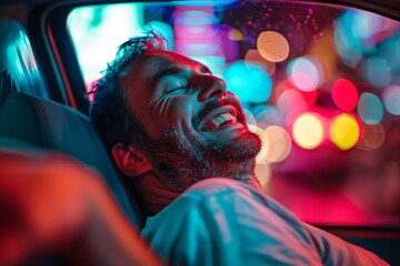 Obraz premium Happy man reclining in the backseat of a taxi, his face illuminated by the soft glow of neon lights as he cruises through the vibrant streets of the city