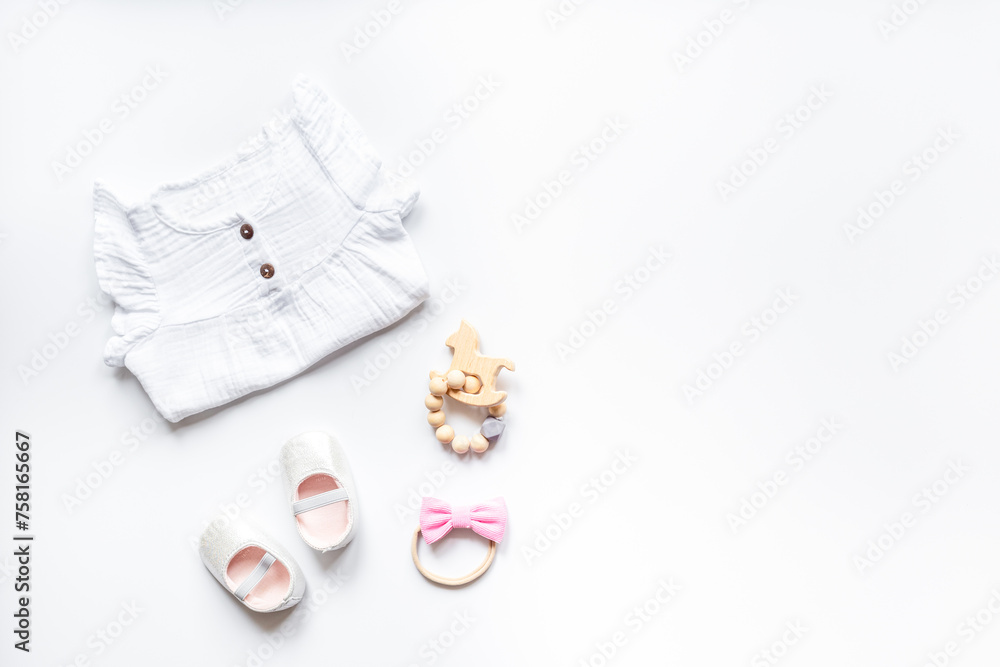 Wall mural Flat lay of baby staff and accessories. Kids wear flat lay