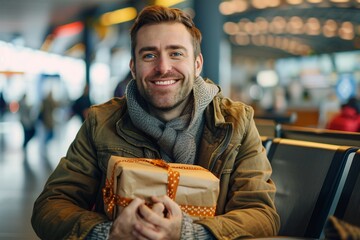A delighted man sitting in the airport departure lounge, his birthday present wrapped and ready to be opened