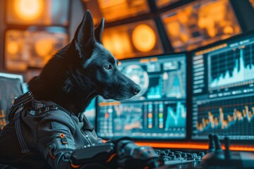 A dog, poised in front of a computer in a high-tech lab, whimsically merges the realms of animal curiosity with advanced technological innovation.





 - obrazy, fototapety, plakaty