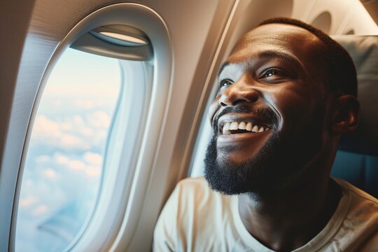 A delighted black man marveling at the view from his window seat, his birthday excitement building as the plane prepares for takeoff