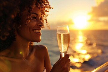A close-up of a smiling black woman, holding a champagne glass and enjoying a sunset on the deck of a luxury cruise ship - Powered by Adobe