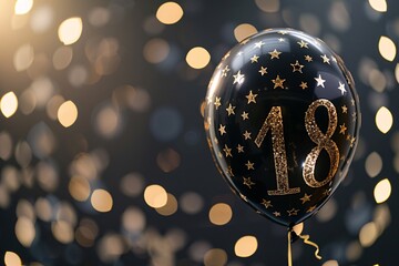 Classic birthday balloon in glossy black, adorned with the number "18" in elegant gold script, set against a background of twinkling stars