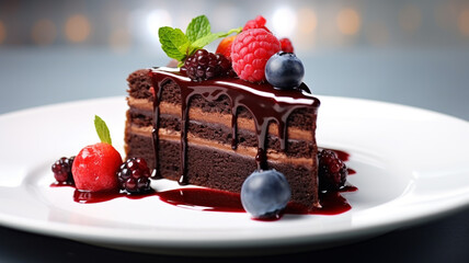 A mouthwatering portrayal of a chocolate cake slice featuring a delectable glaze and plump berries, elegantly arranged on a white plate, captured in stunning high definition - obrazy, fototapety, plakaty