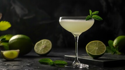 Gimlet cocktail on black background. Glass of alcoholic drink
