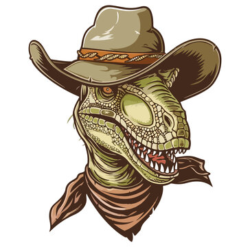 Dinosaur Head wearing wearing cowboy hat and bandana around neck